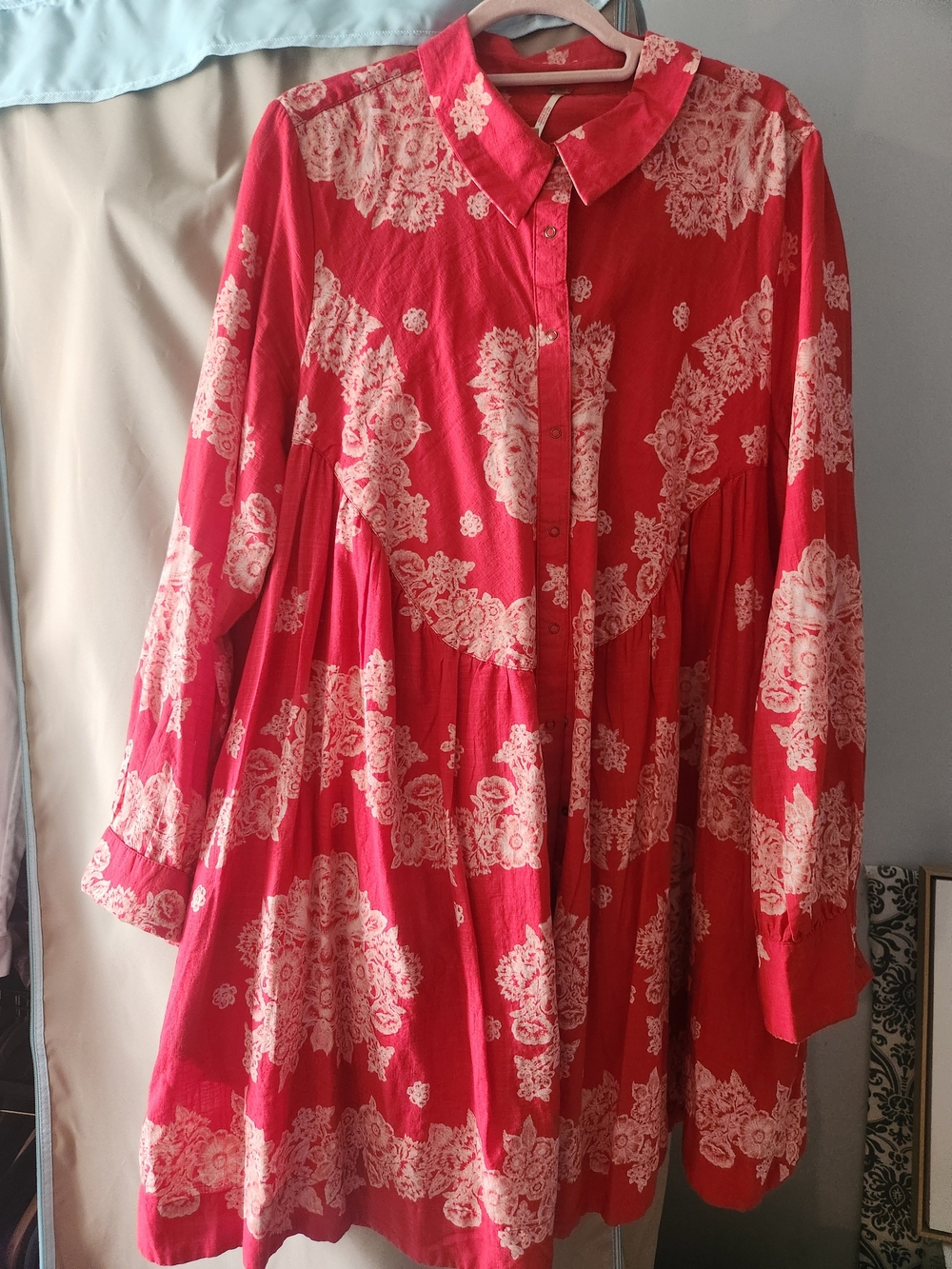 Free People Red and Cream Floral Button-Up Babydoll Dress
